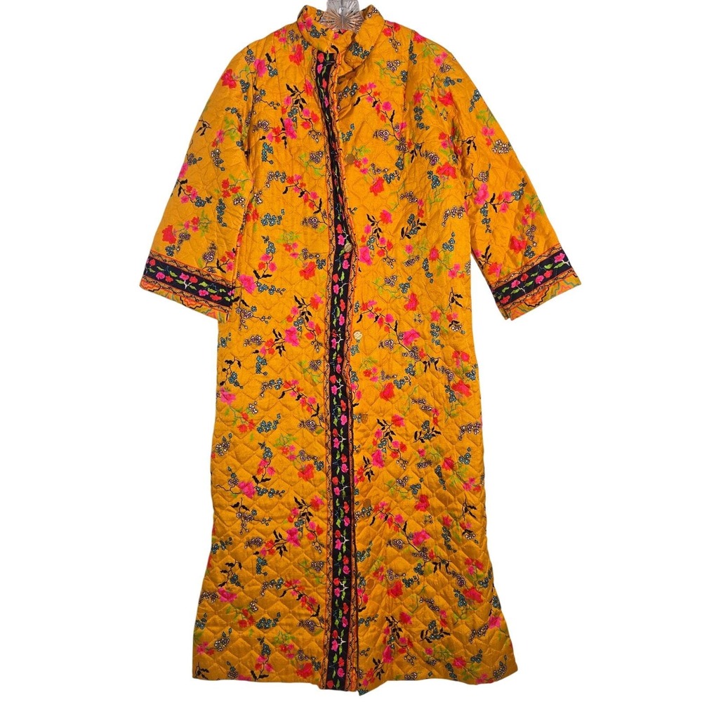 Vtg 70s Indian Kantha Quilted Robe Duster Floral Button Yellow Blue Long Sleeve‎